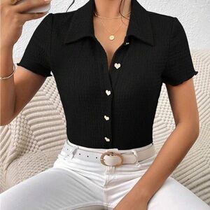 Black Fitted Short Sleeve Polo Button Down